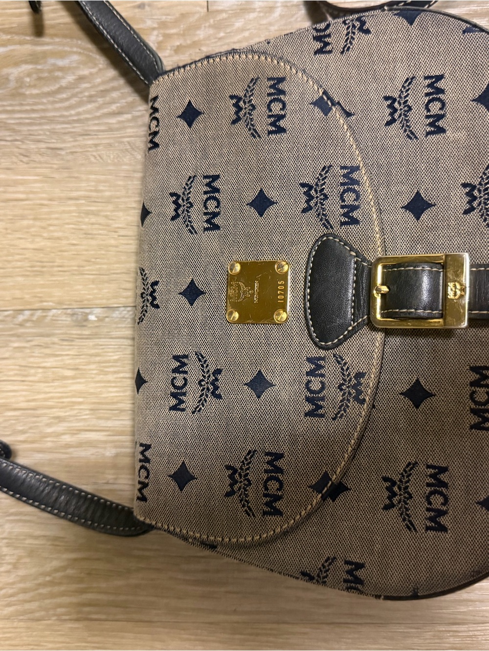MCM Brown Visetos Messenger Bag with Black Trim and Gold Hardware